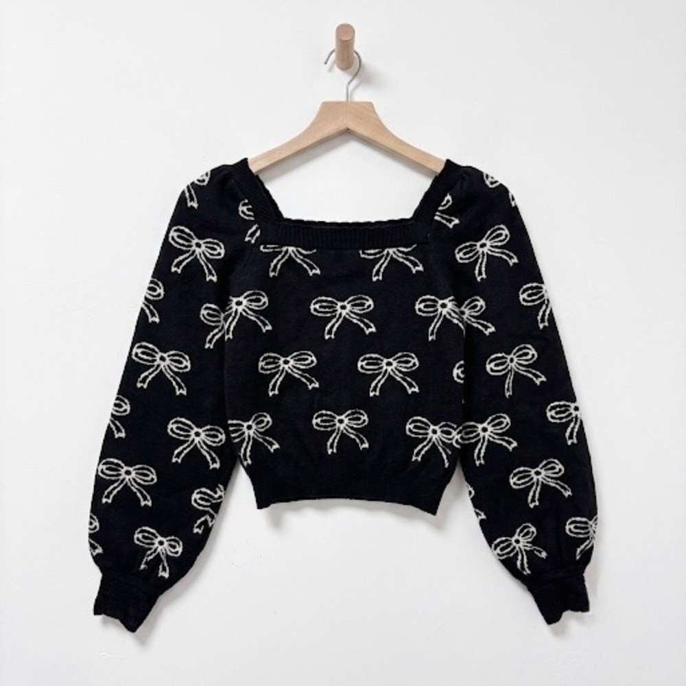 Willow & Wind Bow Knit Cropped Sweater XS Puff Sleeve Balletcore Goth Coquette